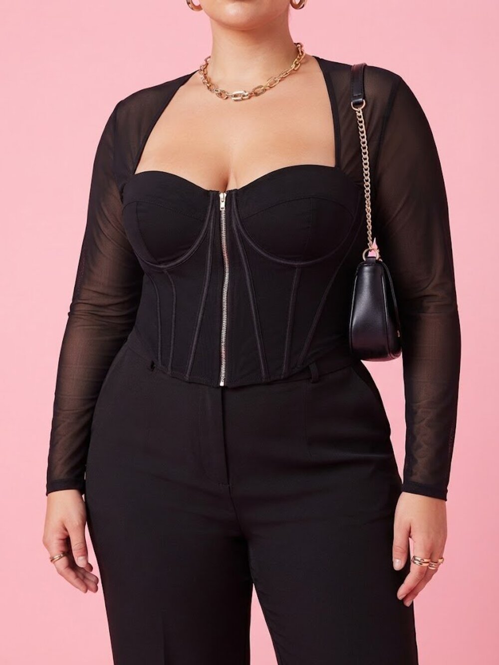 Black Sheer Long-Sleeve Corset Top
